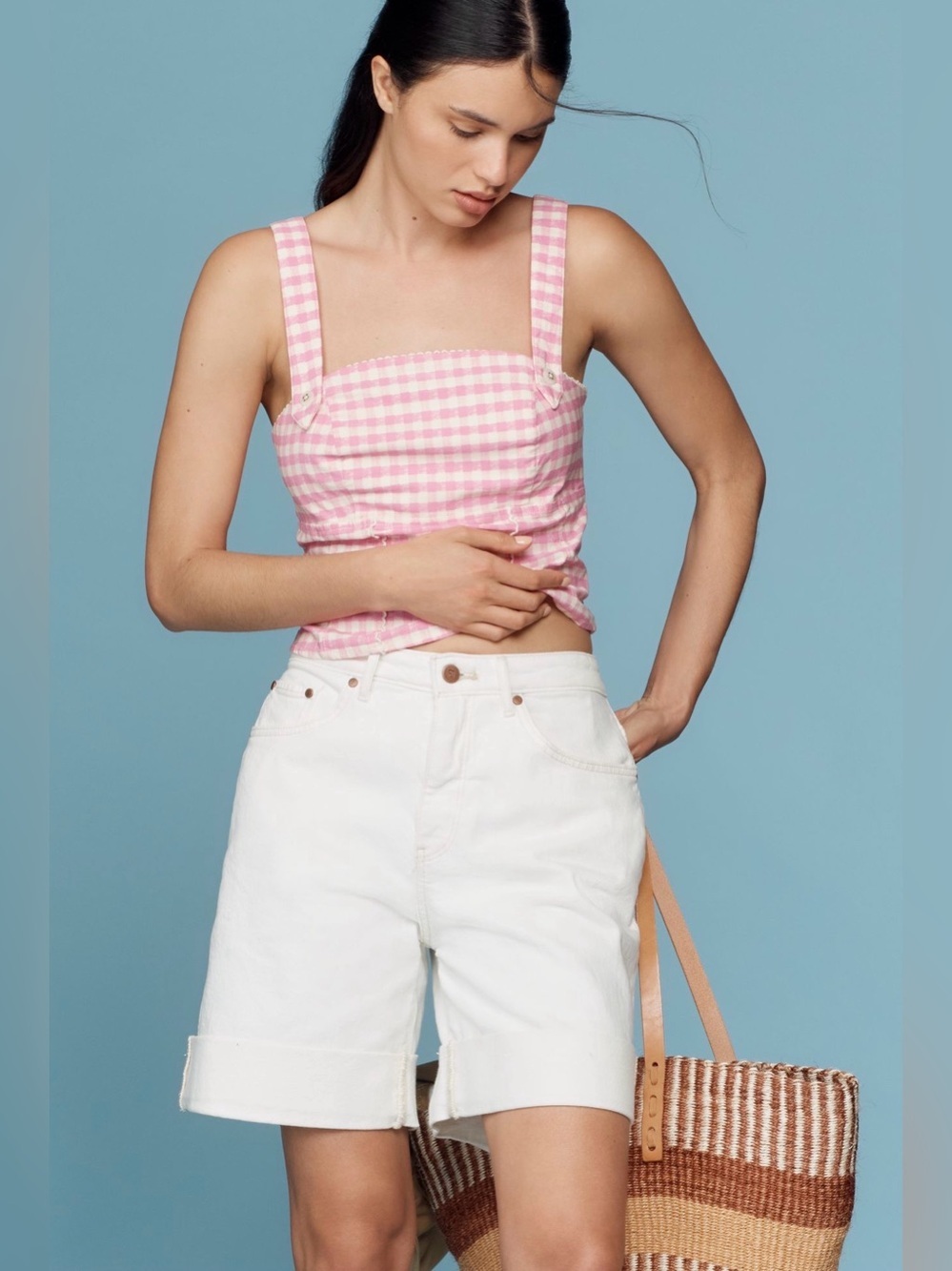 Anthropologie Pilcro Ivory Bermuda Denim Shorts Cuffed Wide Leg 32 NWT Coastal
